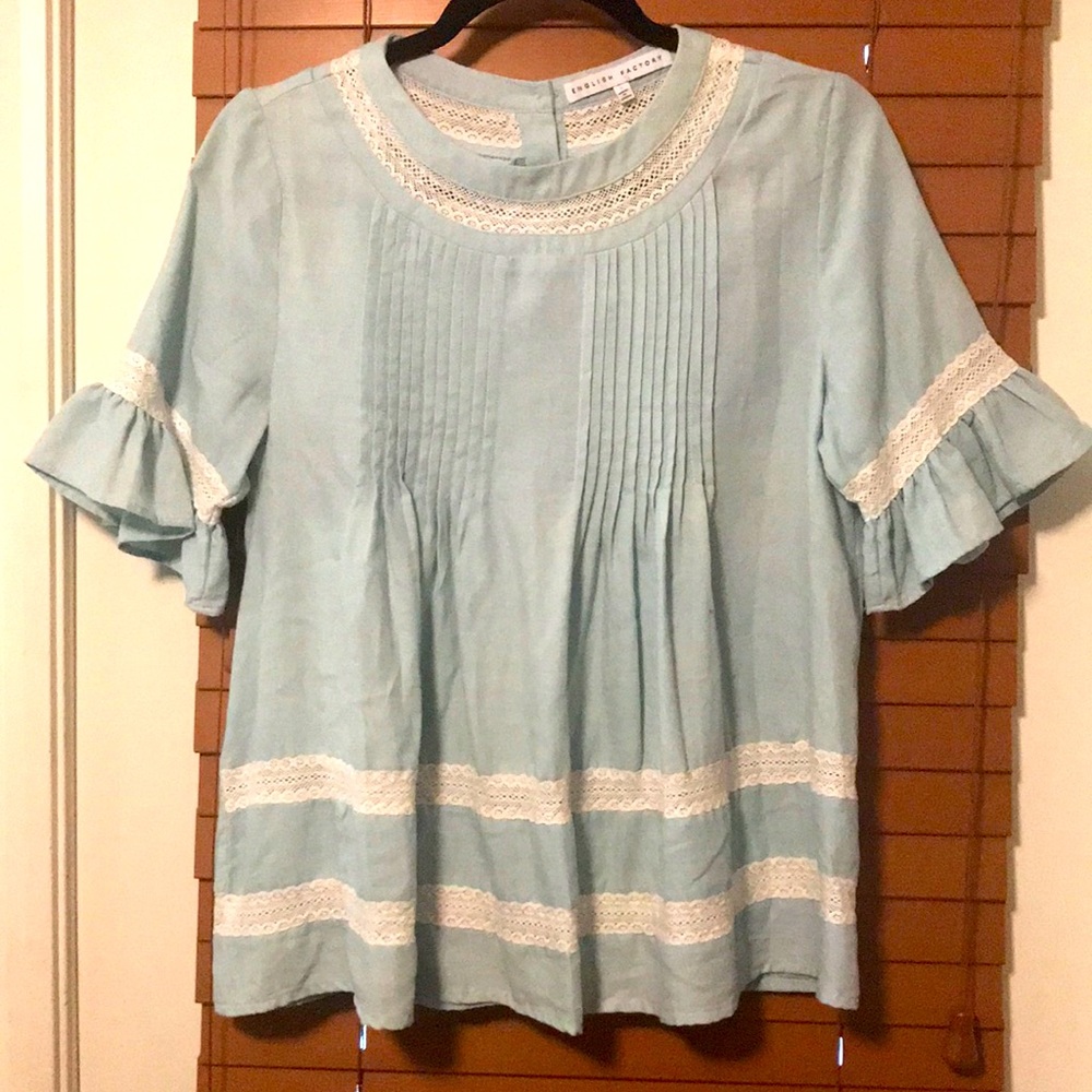 English Factory Light Blue Lace-Trim Pintuck Blouse